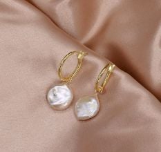 Gold Huggie Hoops with Coin Freshwater Pearl Drops Earrings